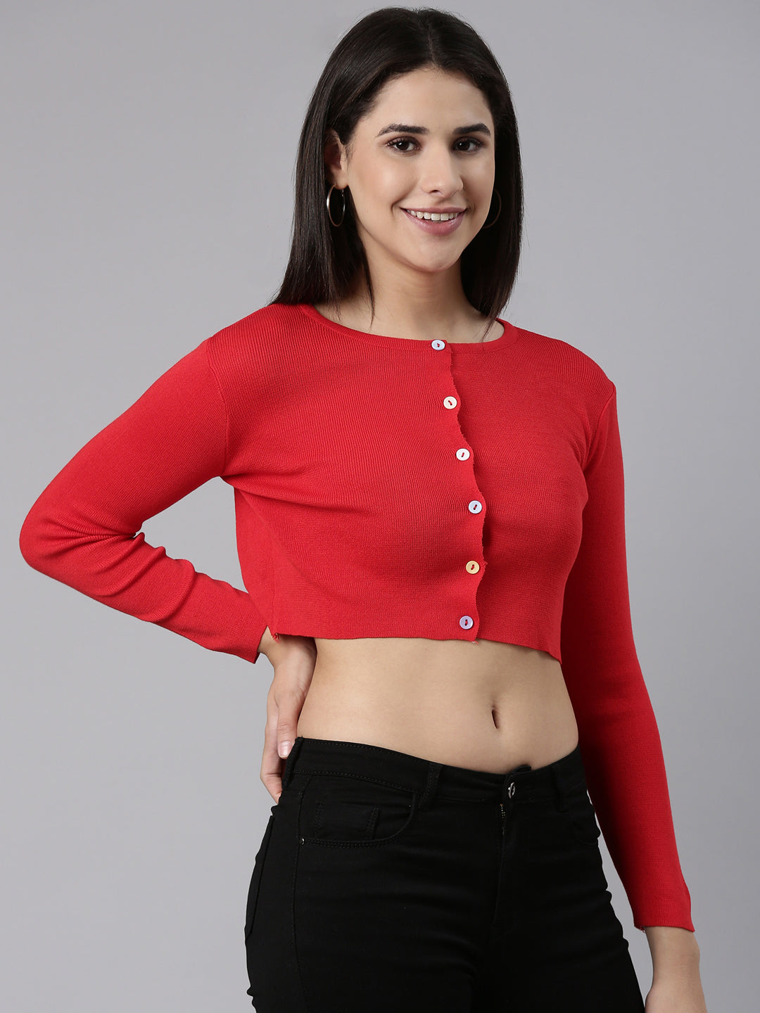 Women Red Solid Front-Open Crop Sweater