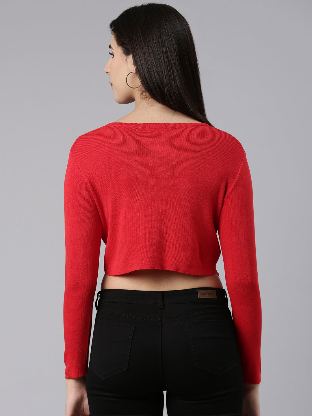 Women Red Solid Front-Open Crop Sweater