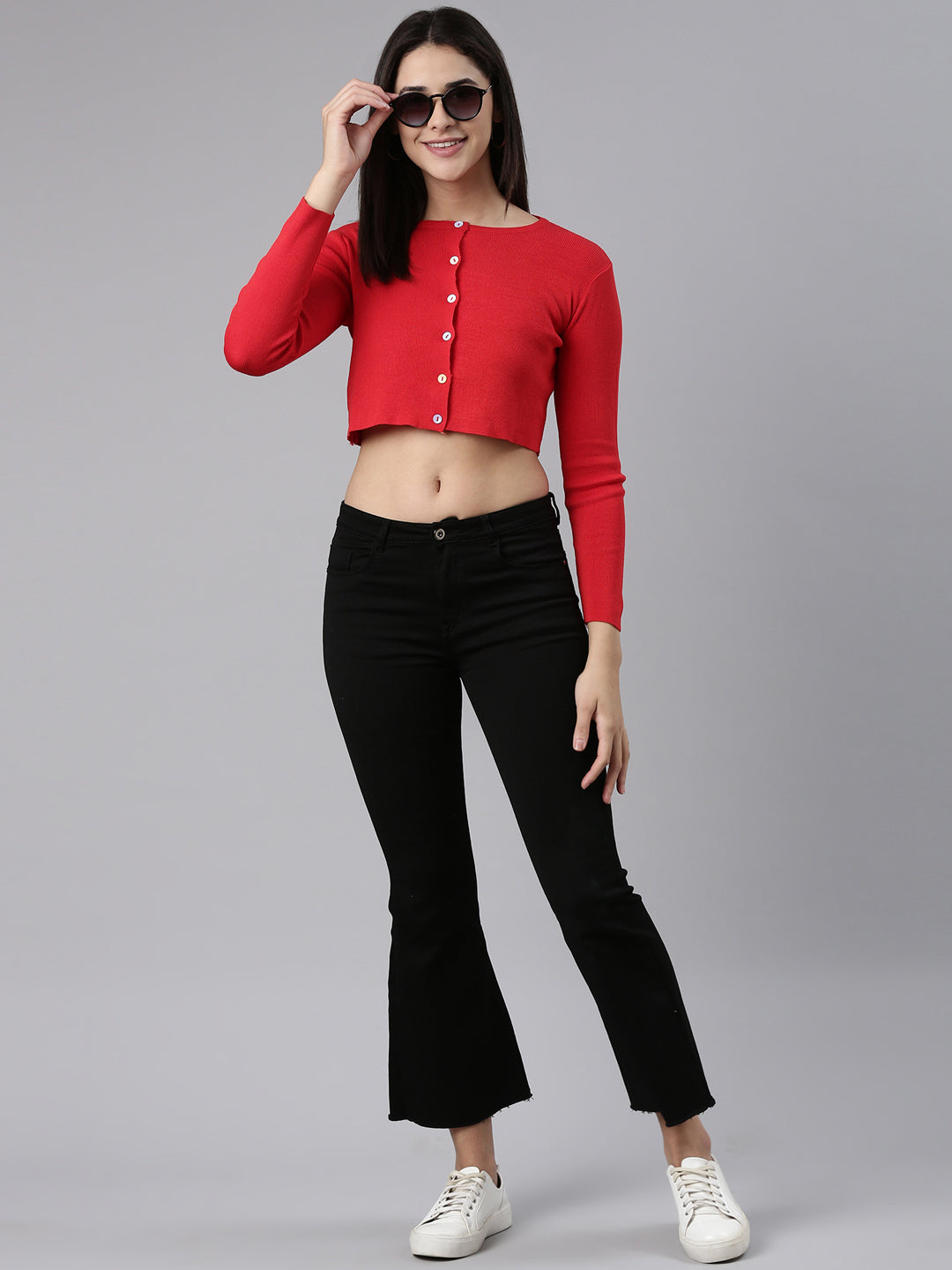 Women Red Solid Front-Open Crop Sweater