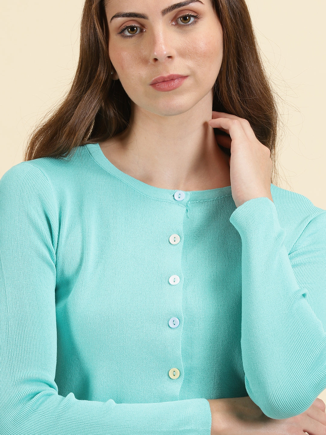 Women's Turquoise Blue Solid Front-Open Crop Sweater