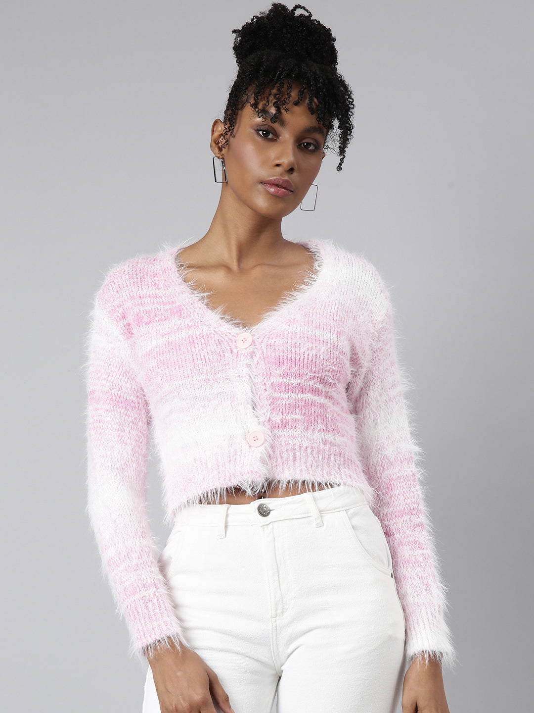 Women Abstract Pink Crop Cardigan