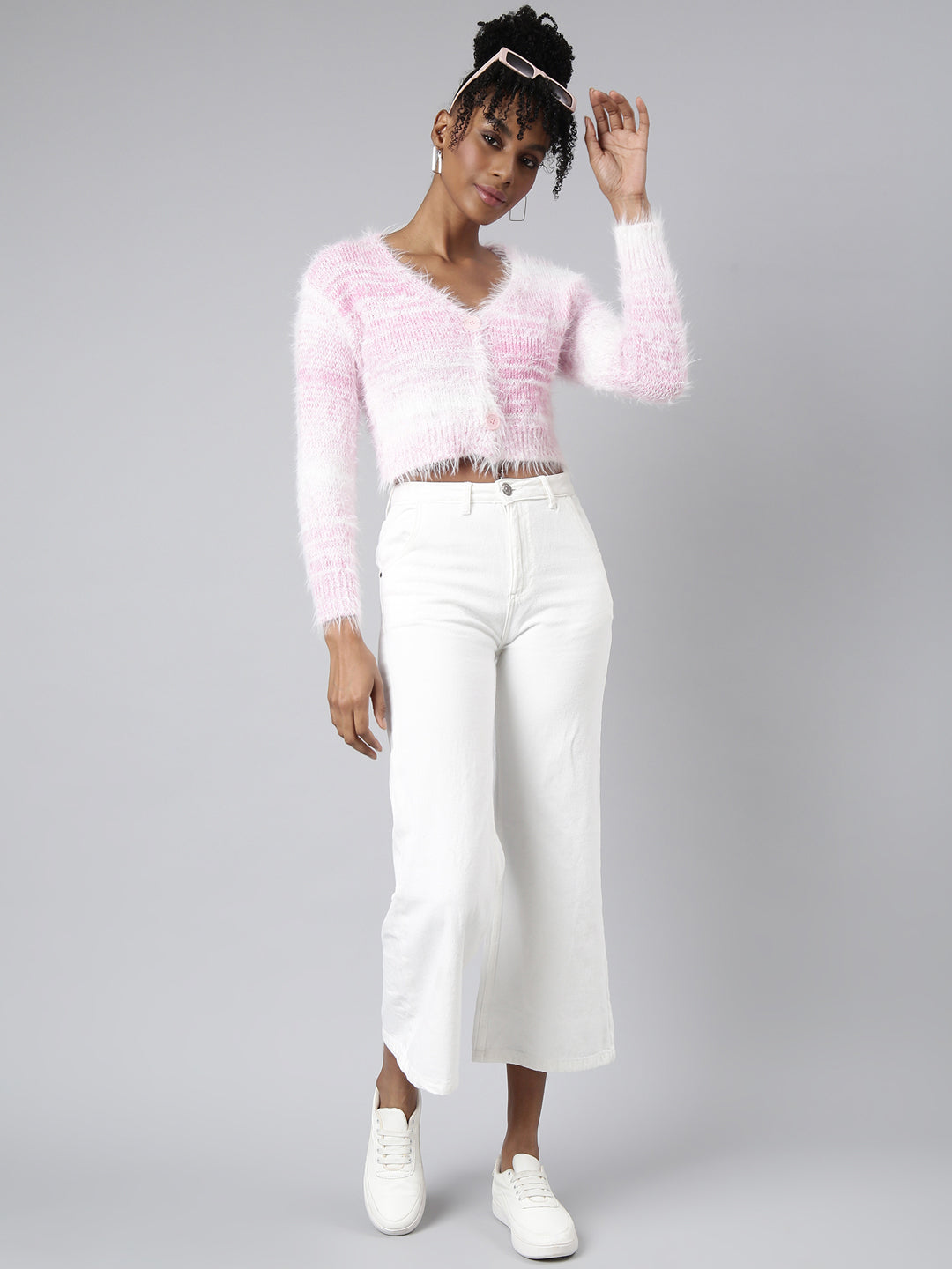 Women Abstract Pink Crop Cardigan