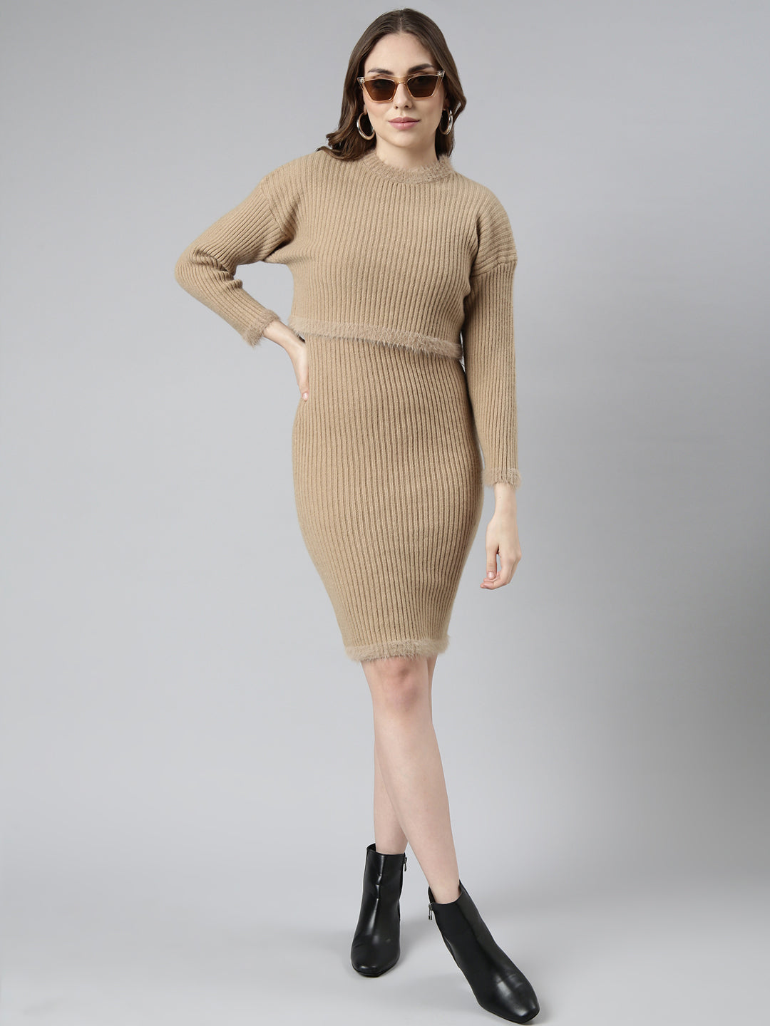 Women Beige Solid Bodycon Dress