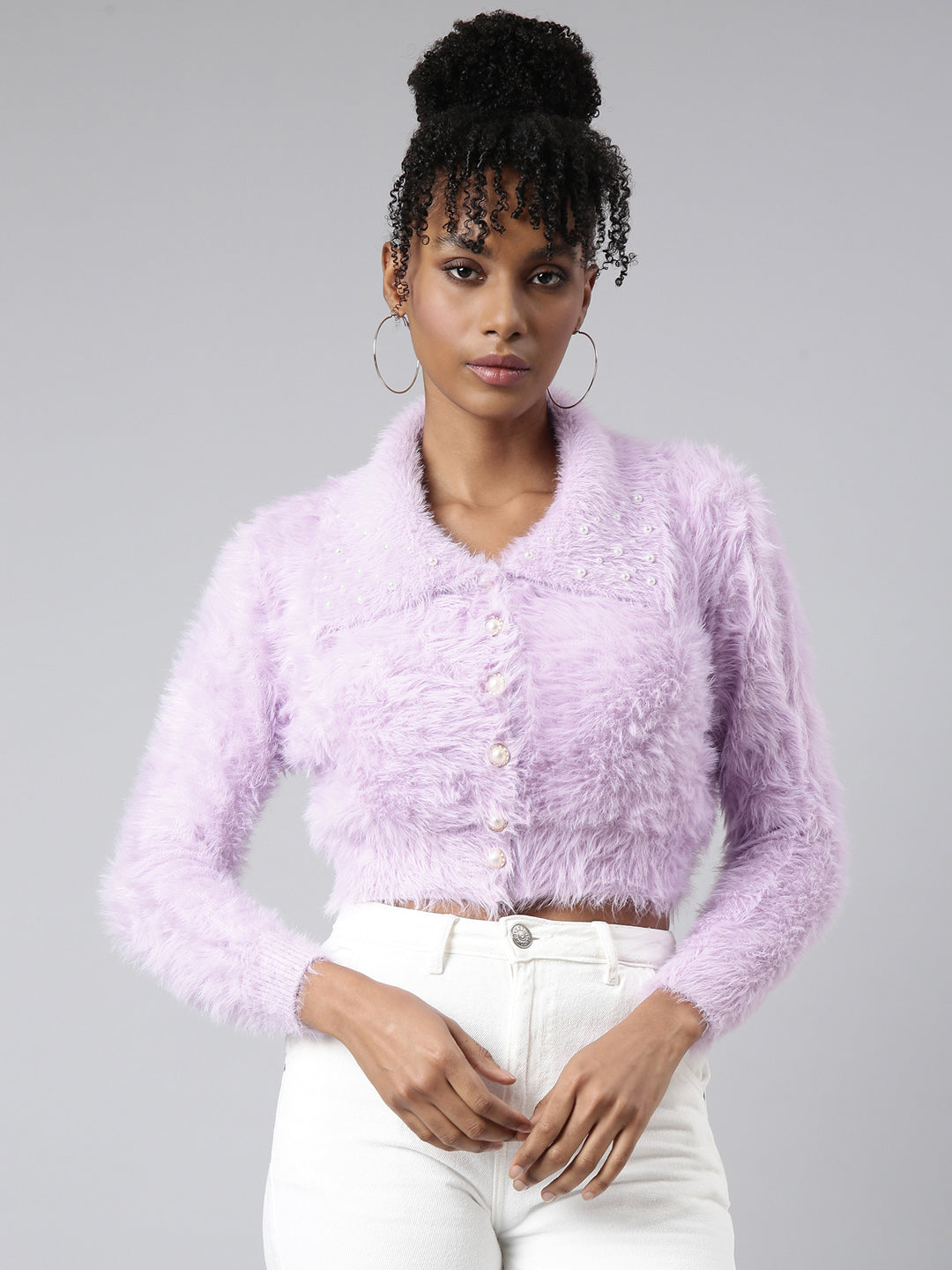 Women Solid Lavender Crop Cardigan