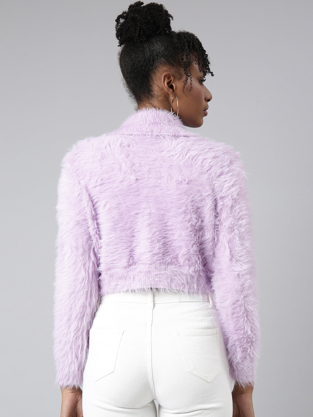 Women Solid Lavender Crop Cardigan