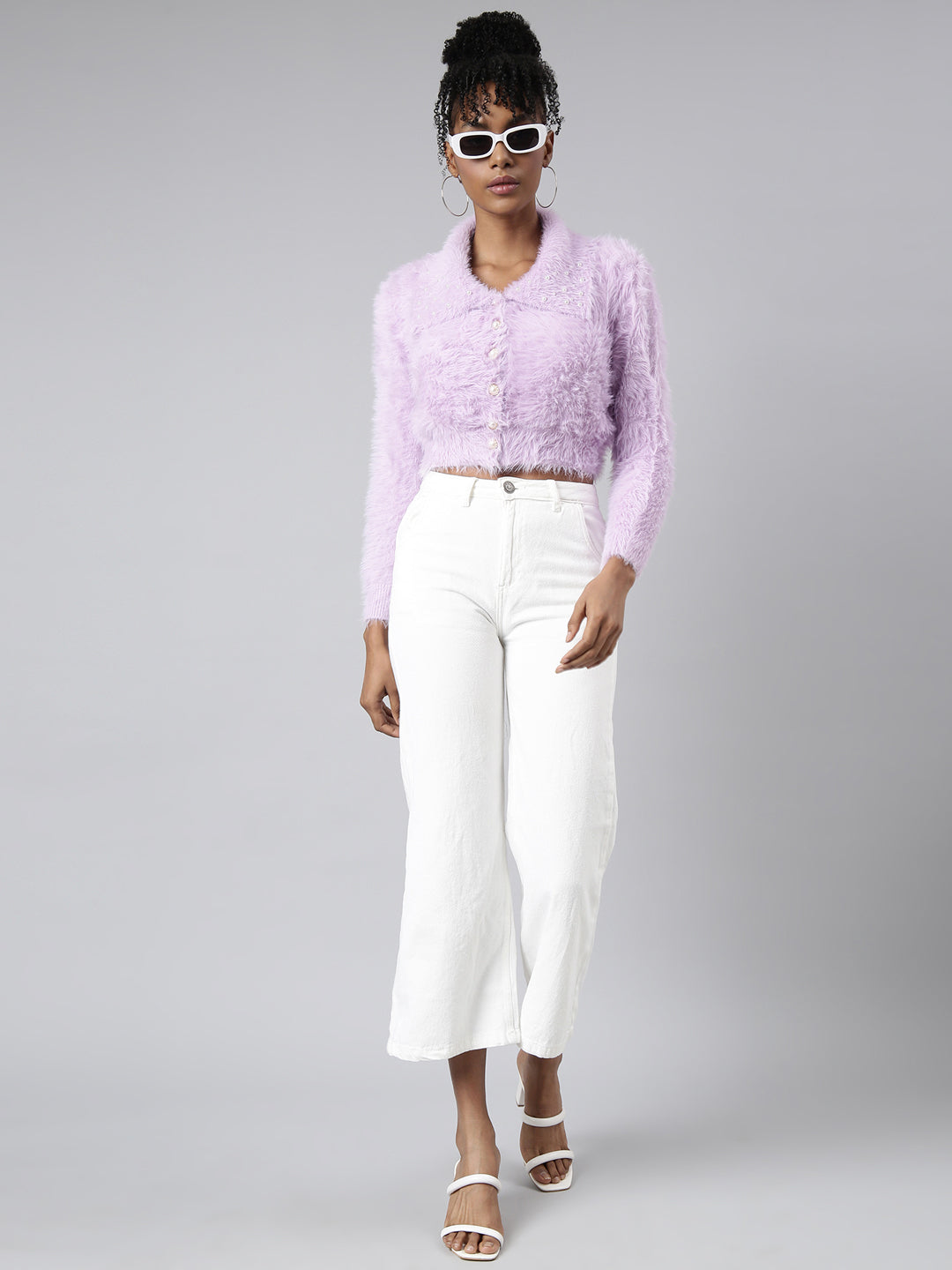 Women Solid Lavender Crop Cardigan