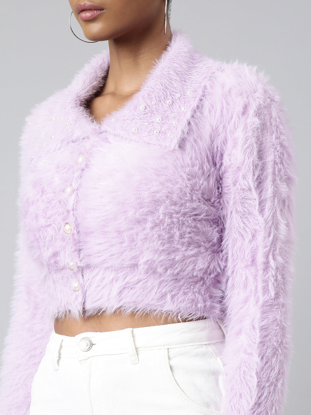 Women Solid Lavender Crop Cardigan