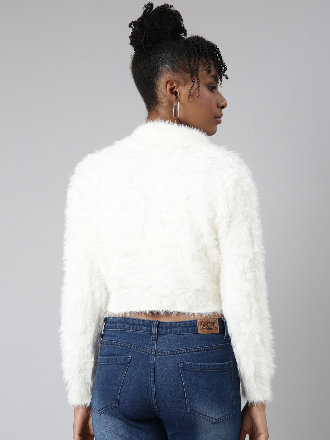 Women Solid Off White Crop Cardigan