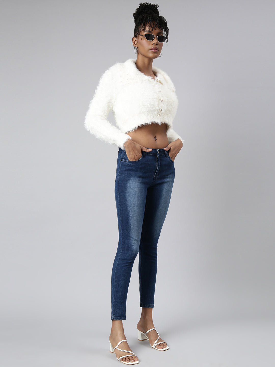 Women Solid Off White Crop Cardigan