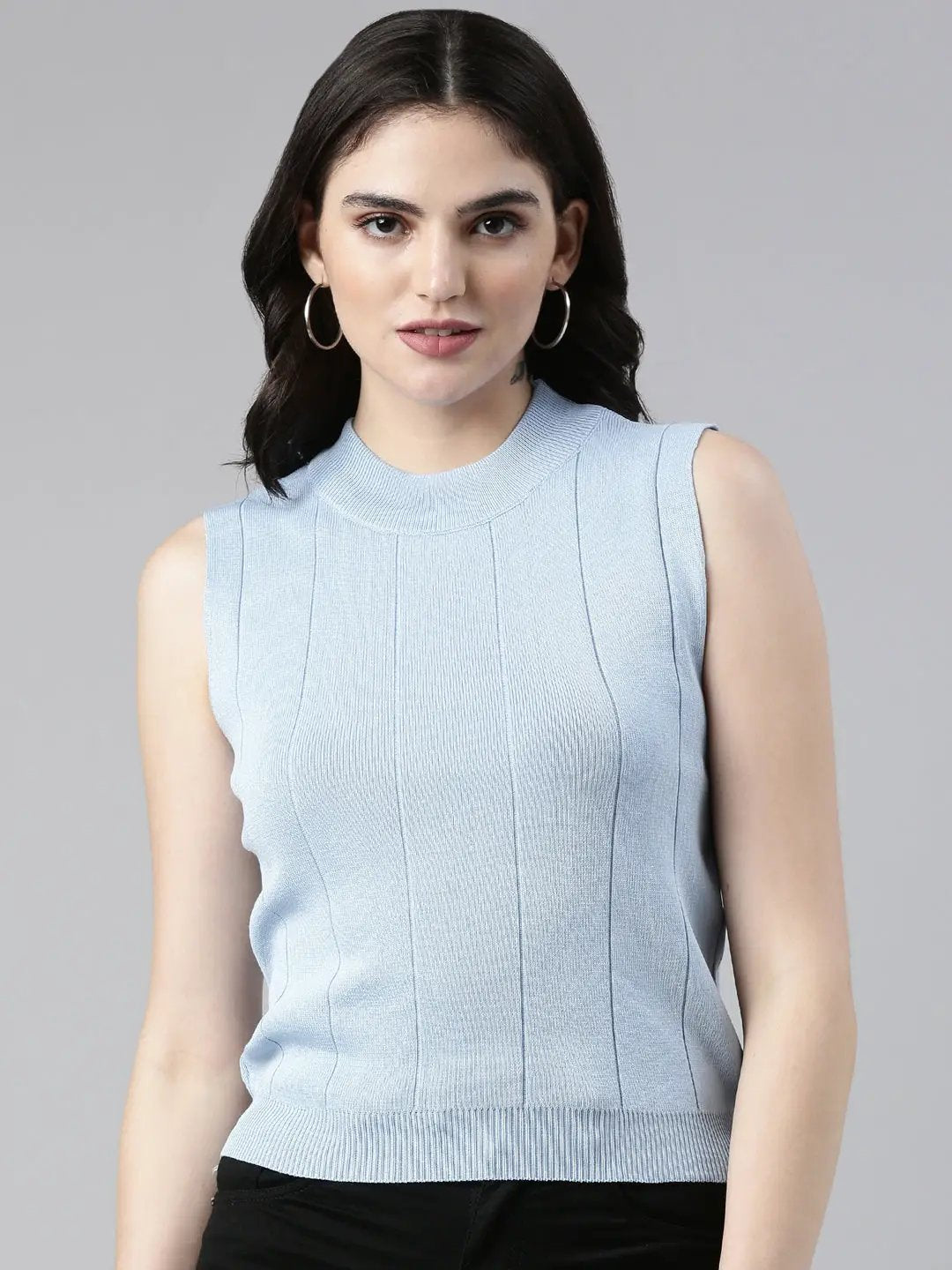 Women's High Neck Solid Sleeveless Regular Blue Top