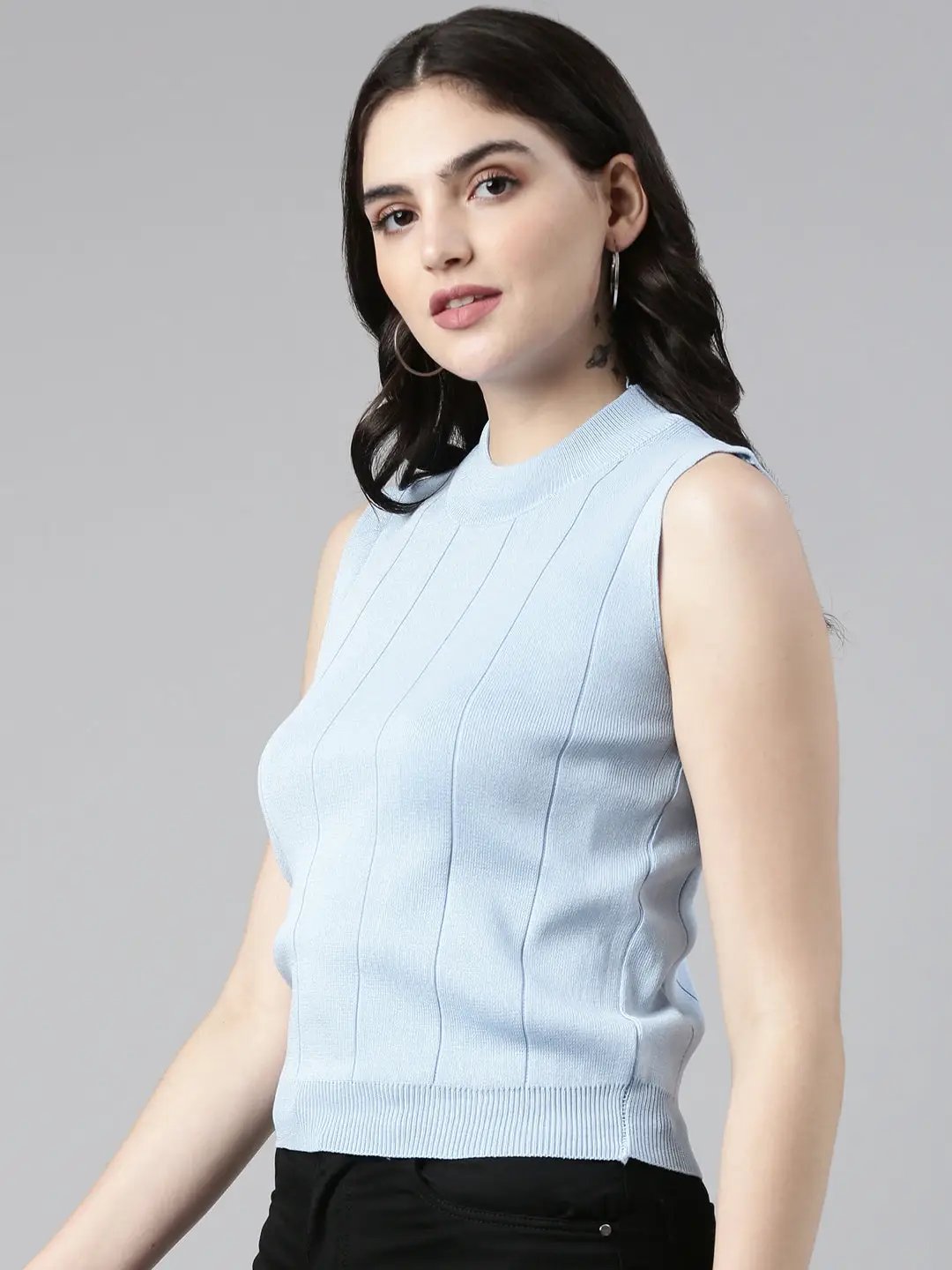 Women's High Neck Solid Sleeveless Regular Blue Top