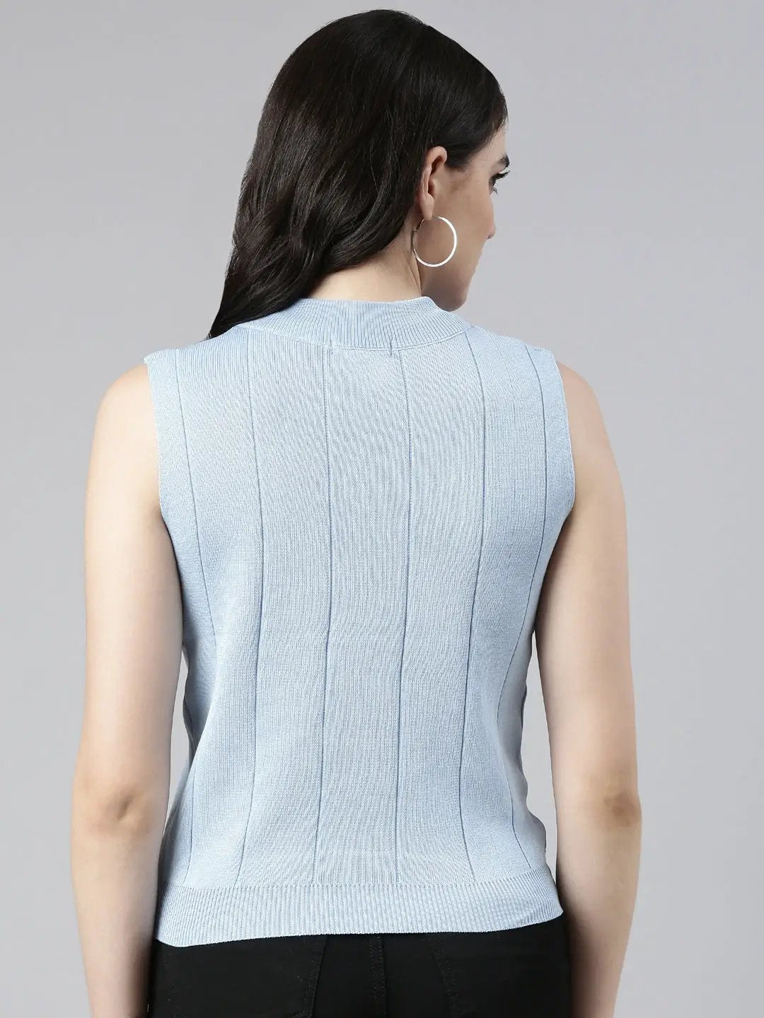 Women's High Neck Solid Sleeveless Regular Blue Top