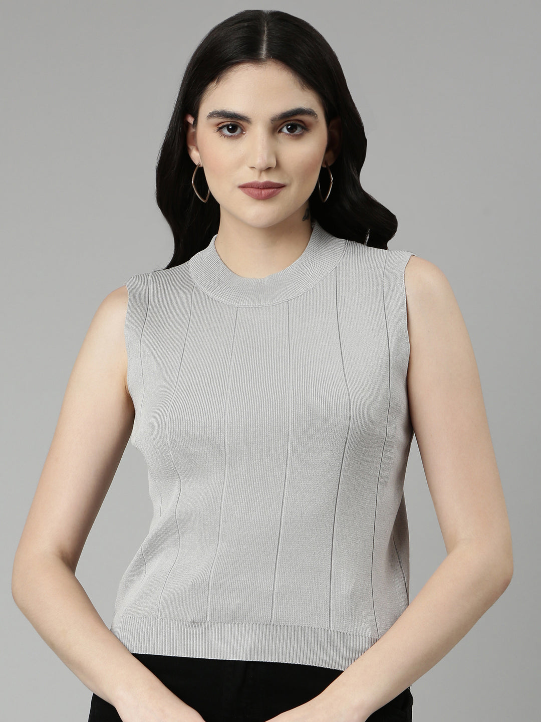 Women High Neck Solid Sleeveless Regular Grey Top