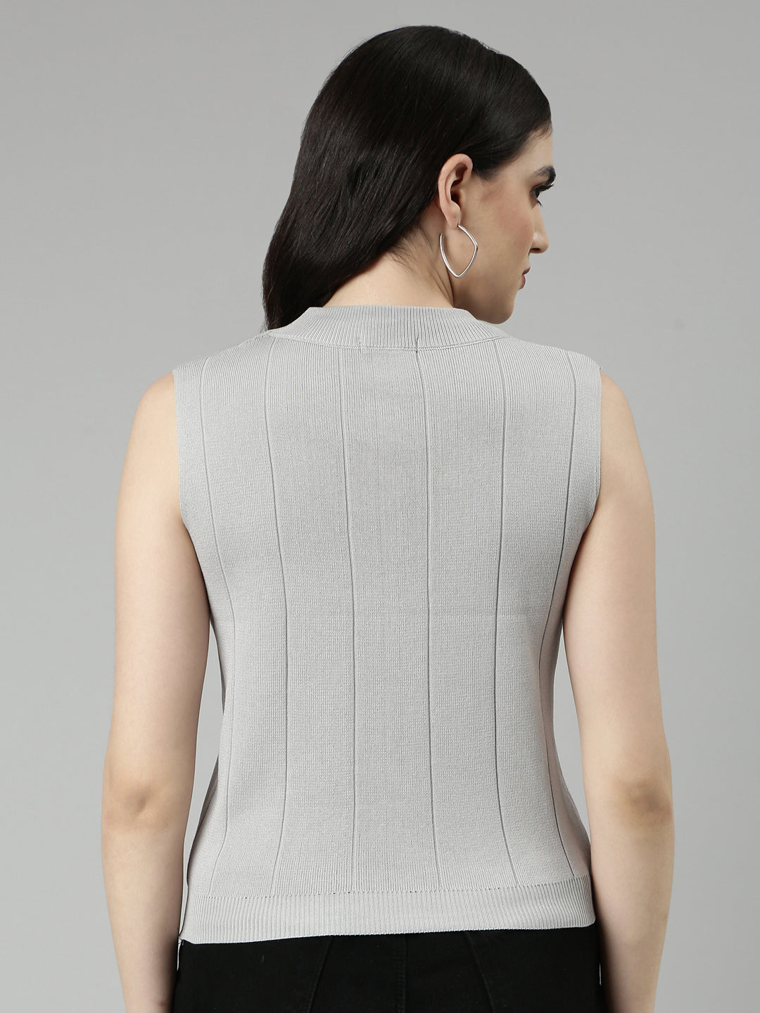 Women High Neck Solid Sleeveless Regular Grey Top