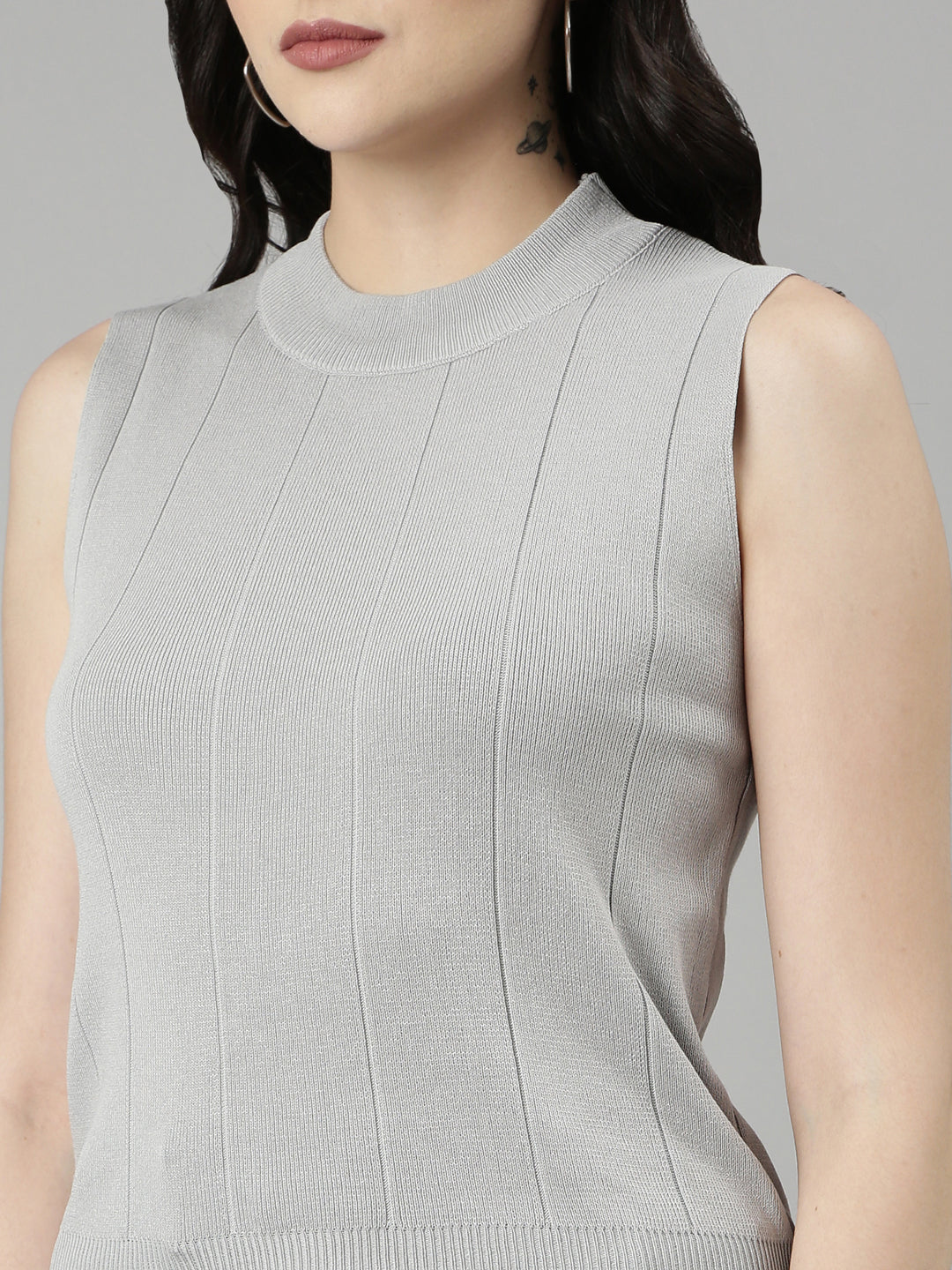 Women High Neck Solid Sleeveless Regular Grey Top