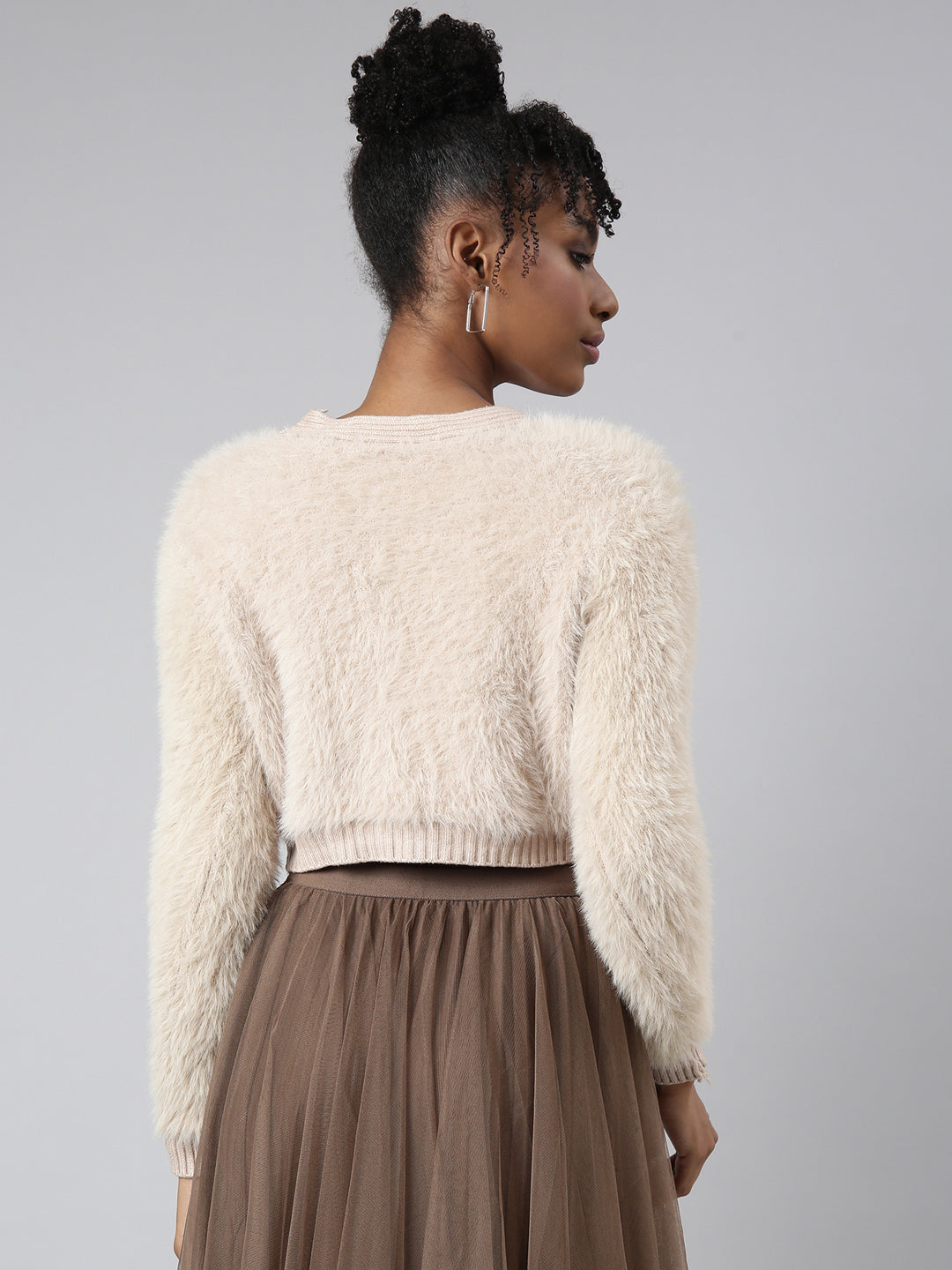 Women Solid Beige Crop Cardigan