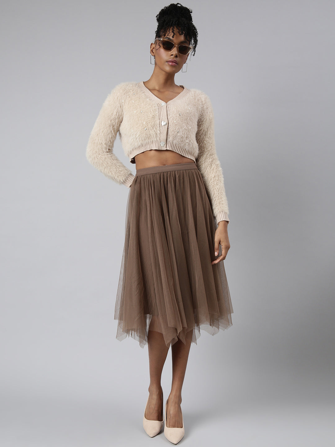 Women Solid Beige Crop Cardigan