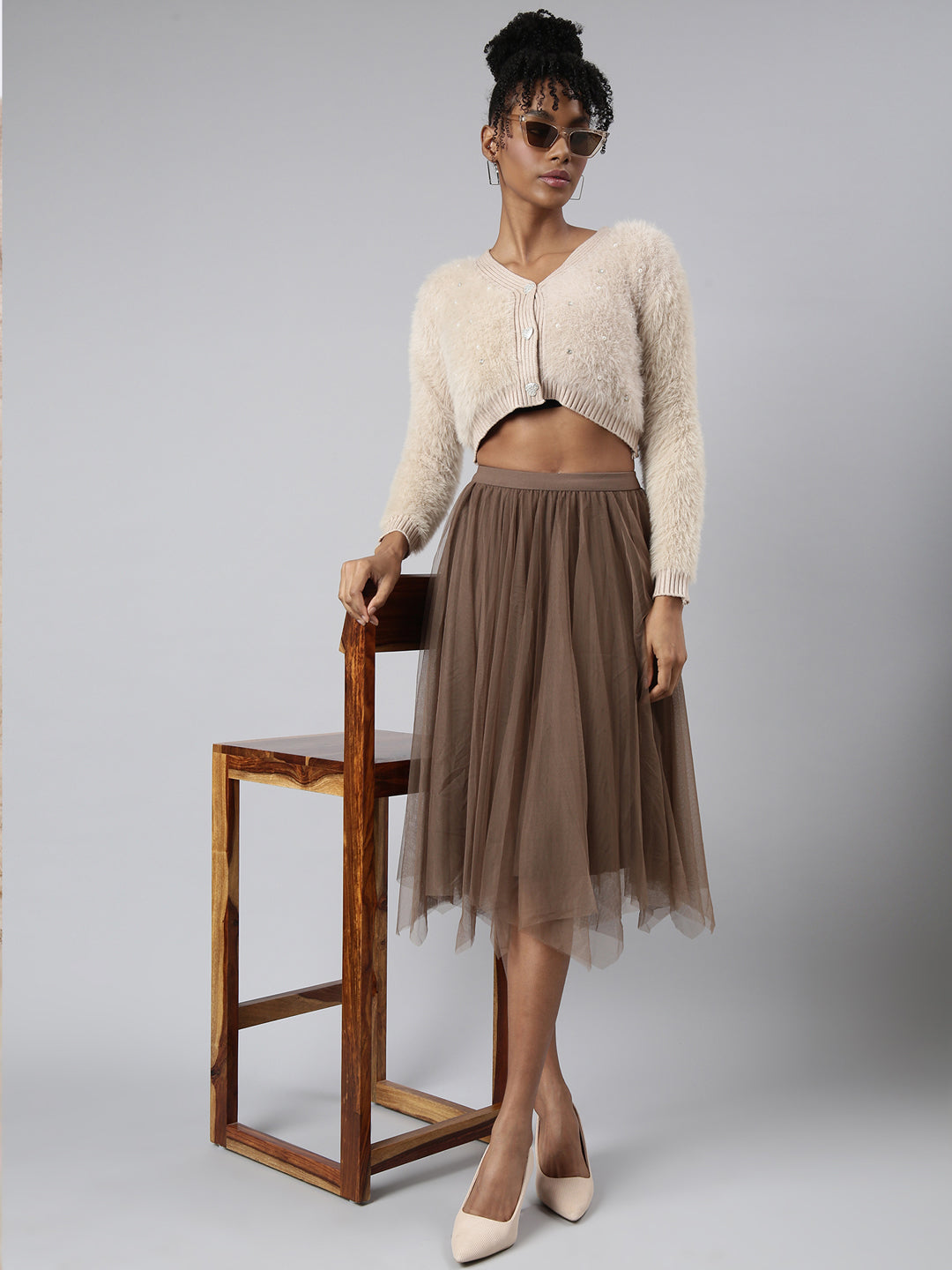 Women Solid Beige Crop Cardigan