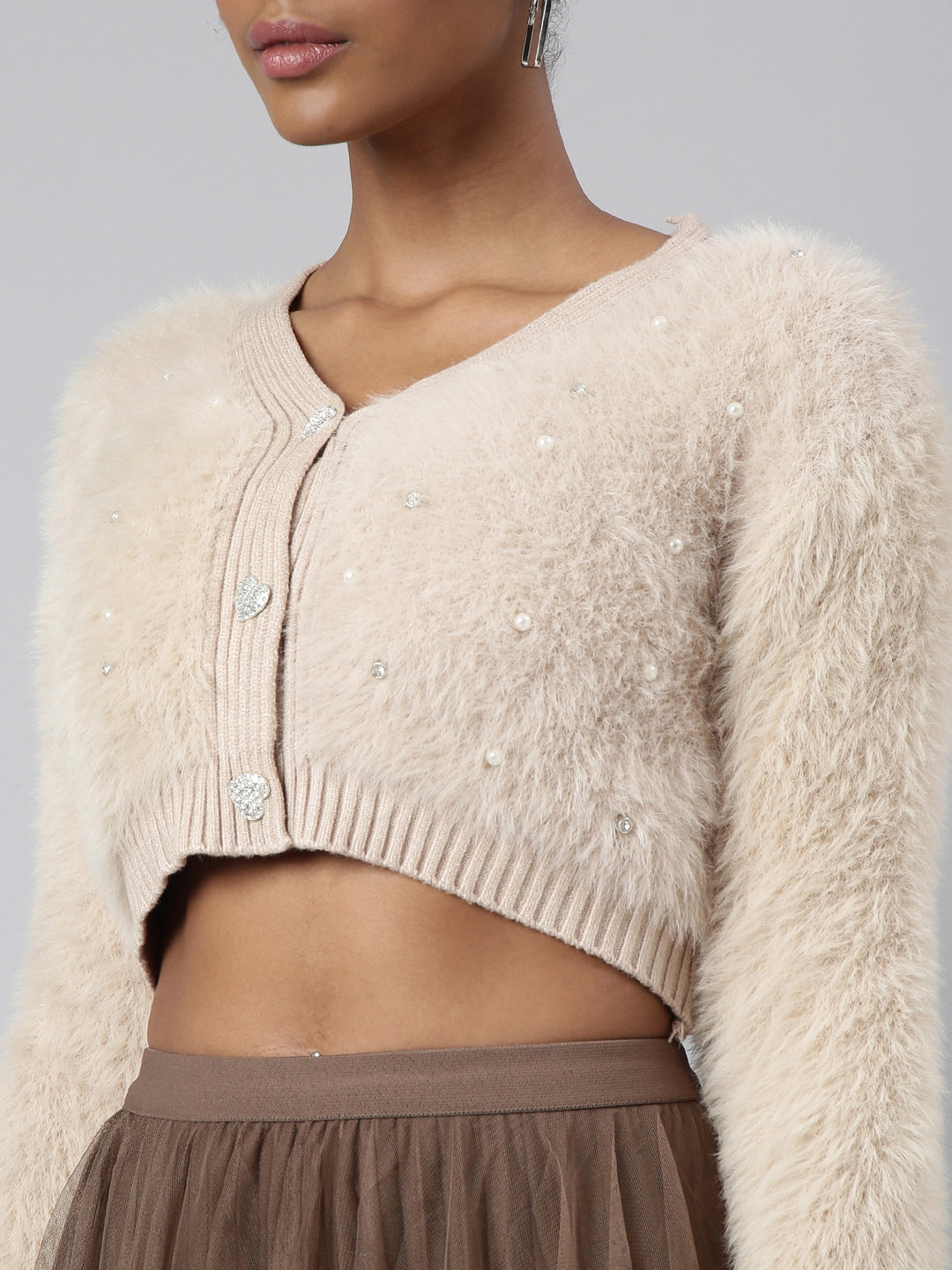 Women Solid Beige Crop Cardigan