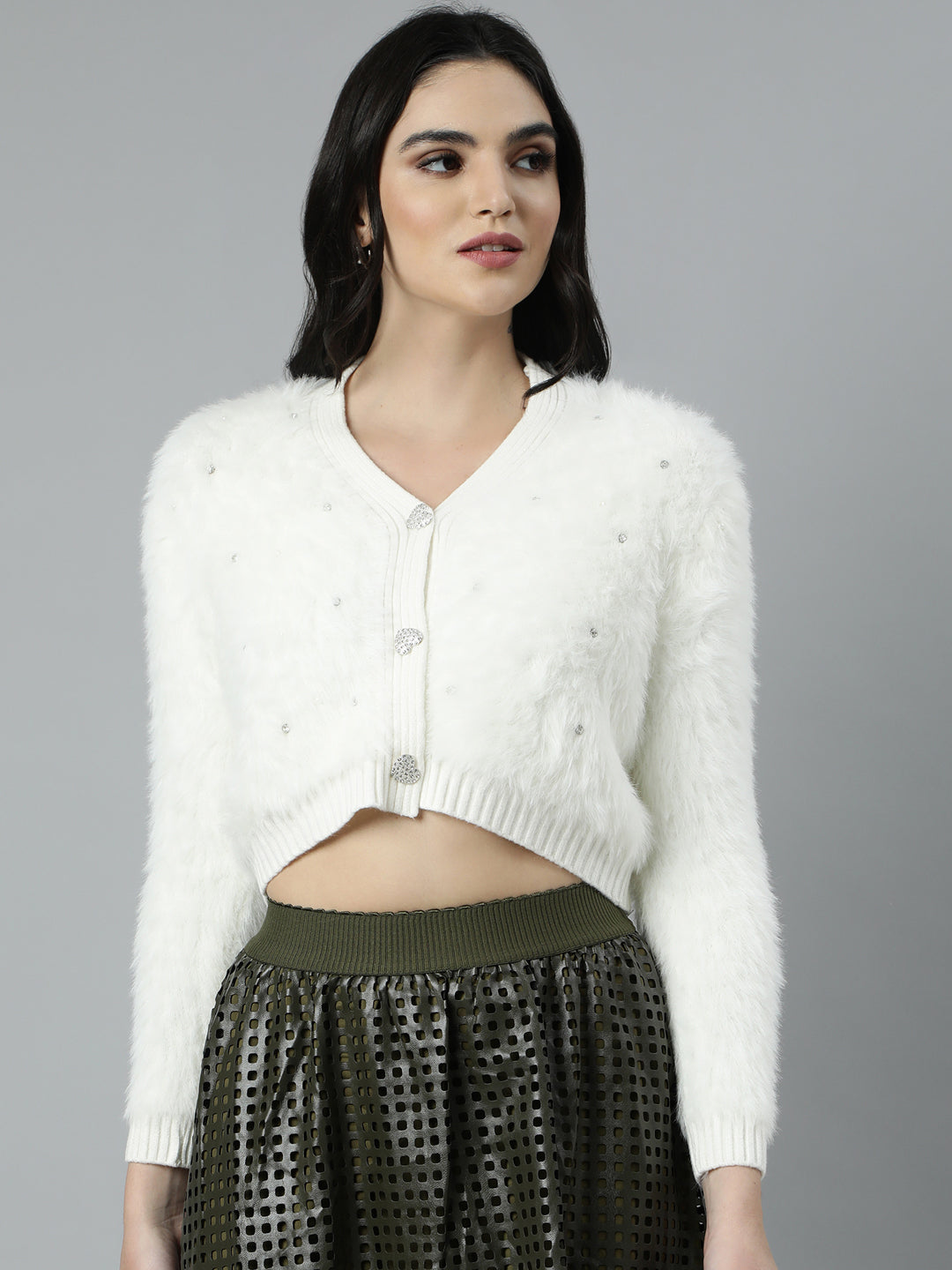 Women Solid Crop Cream Cardigan