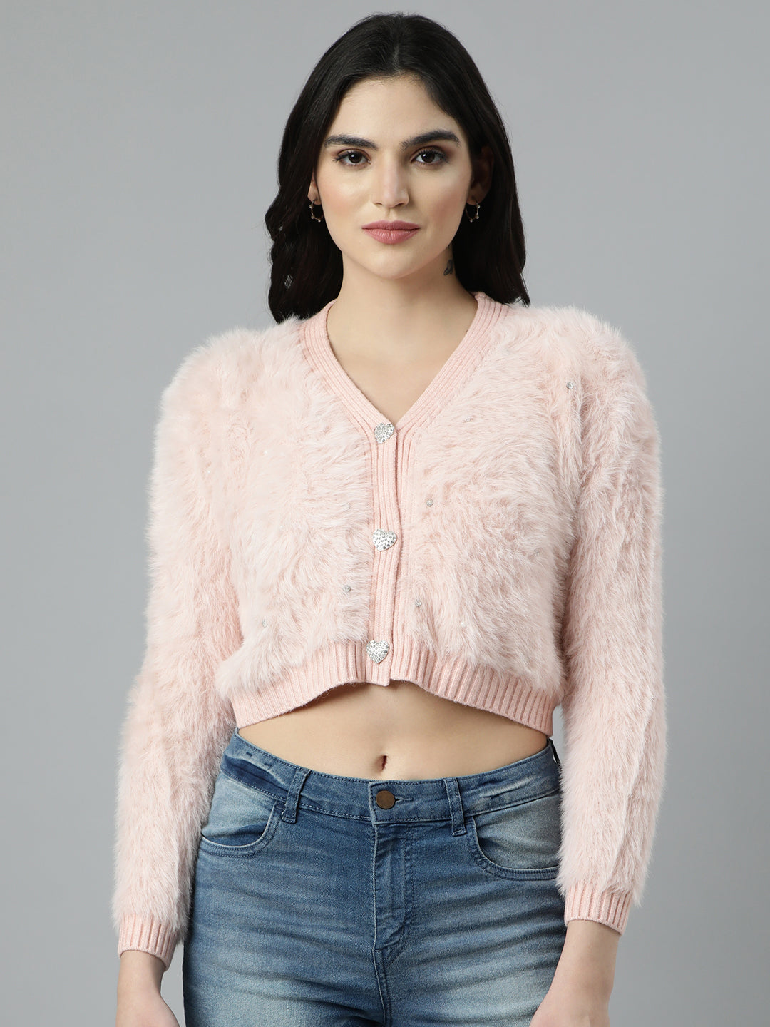 Women Solid Crop Peach Cardigan