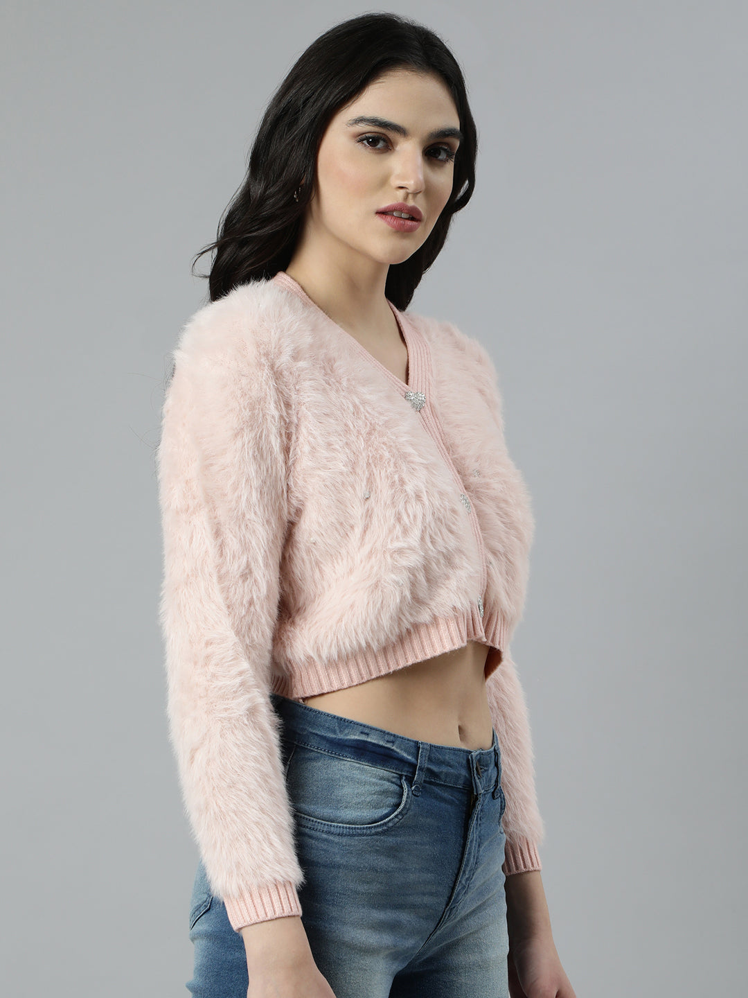 Women Solid Crop Peach Cardigan