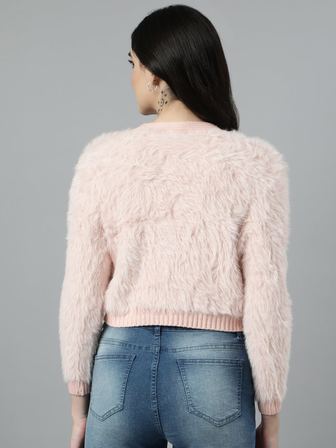 Women Solid Crop Peach Cardigan