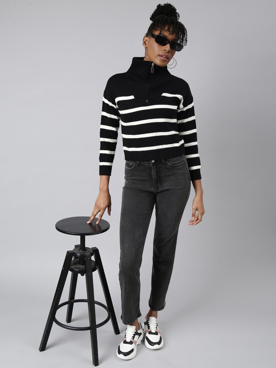 Women Black Horizontal Stripes Top