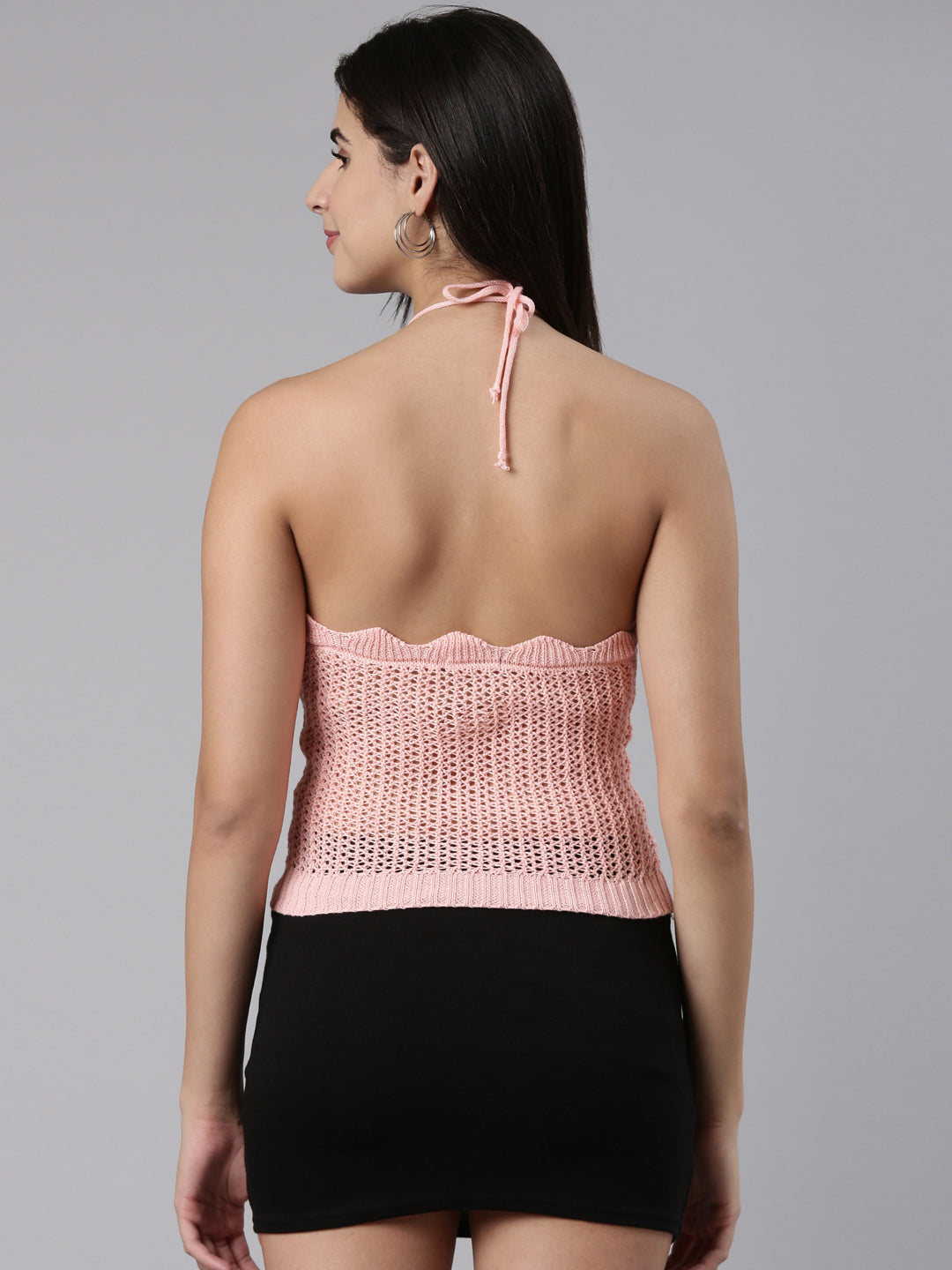 Halter Neck Self Design Sleeveless Peach Crop Tank Top