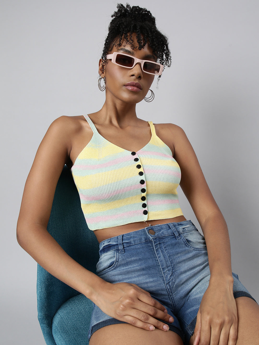 Women Yellow Horizontal Stripes Bralette Crop Top