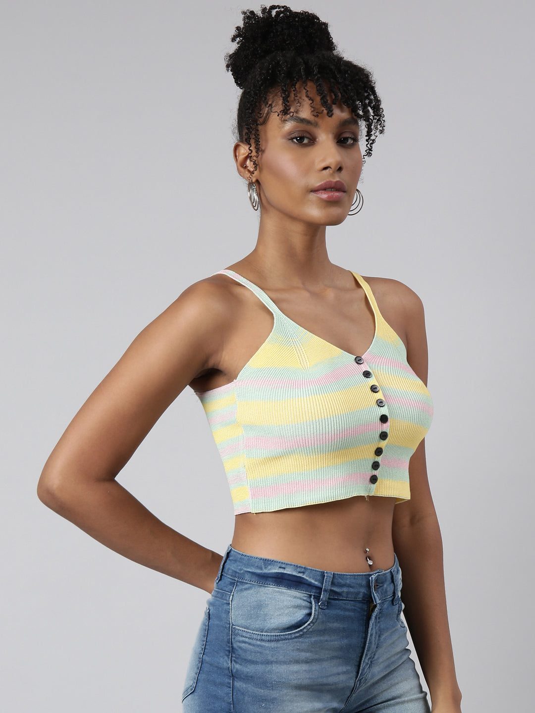 Women Yellow Horizontal Stripes Bralette Crop Top