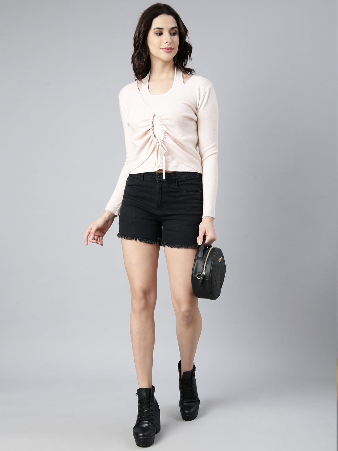 Women Solid Peach Ruched Top