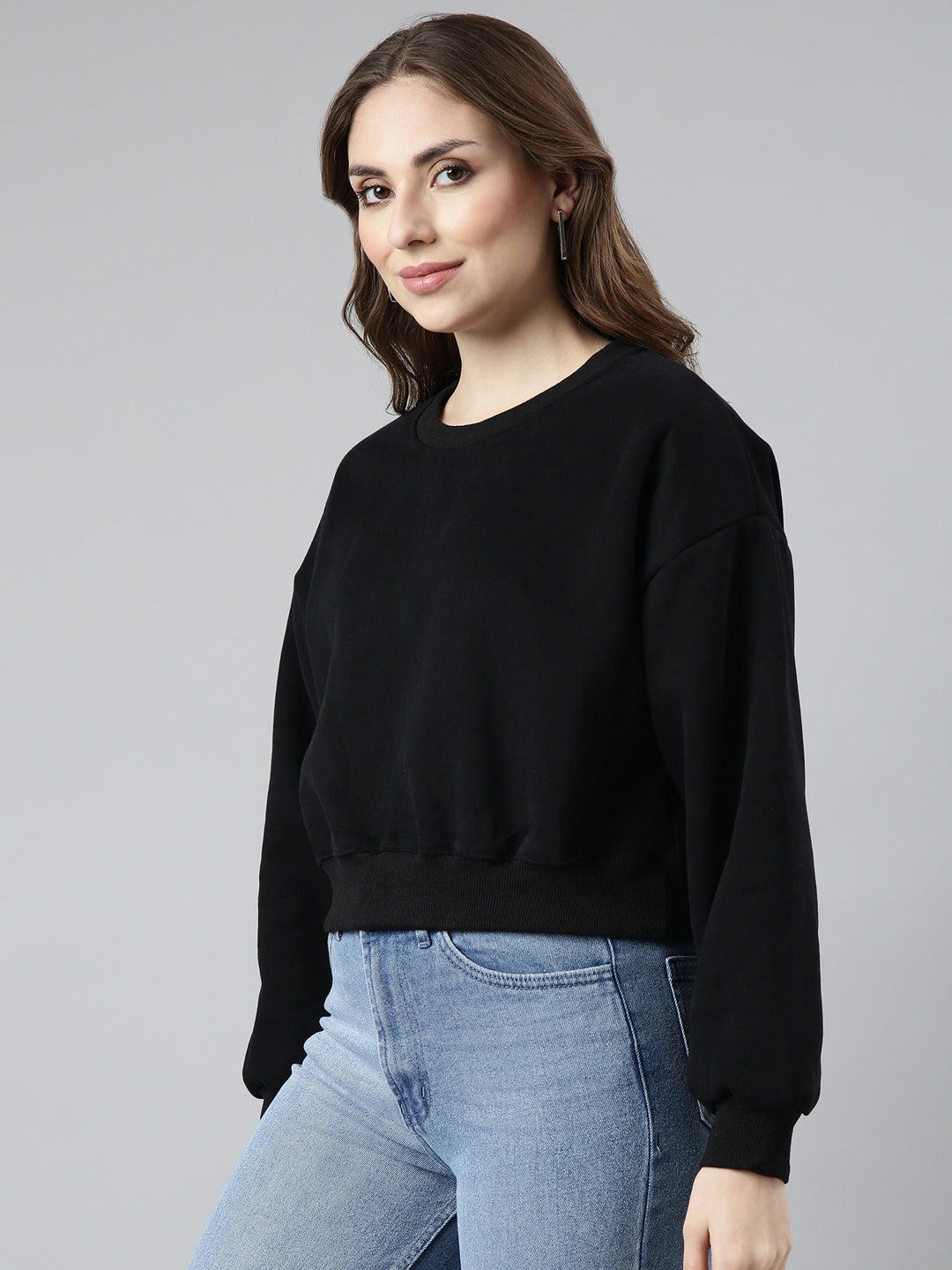 Women Black Solid Pullover Sweatshirt