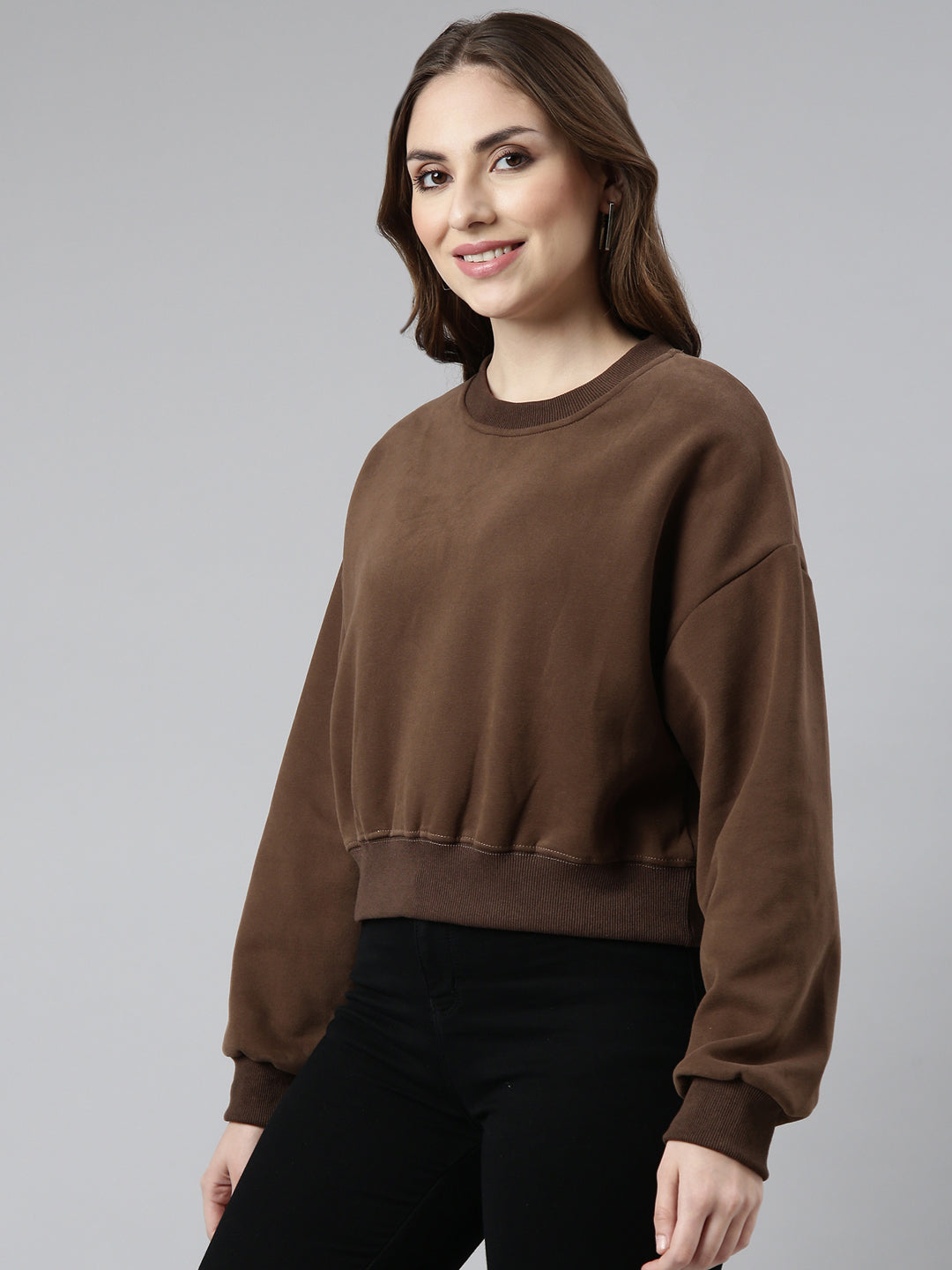 Women Brown Solid Pullover Sweatshirt