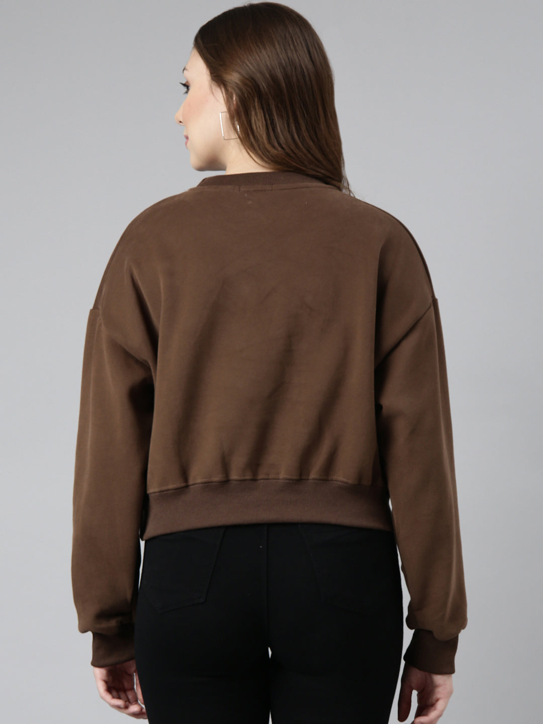 Women Brown Solid Pullover Sweatshirt