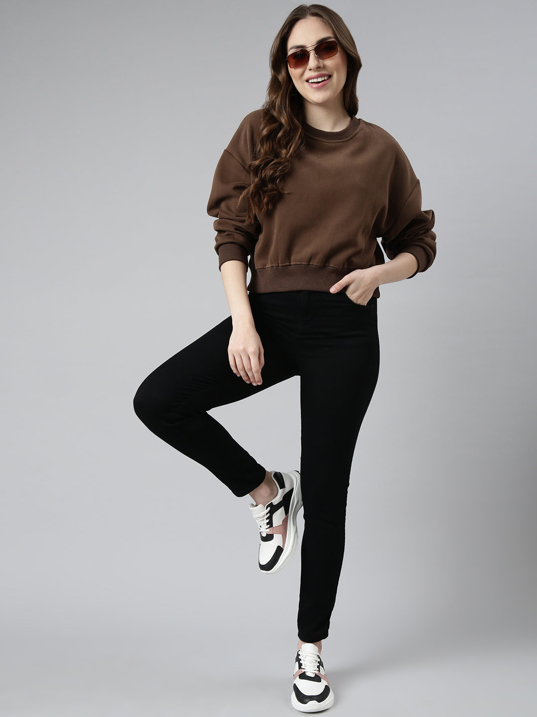 Women Brown Solid Pullover Sweatshirt