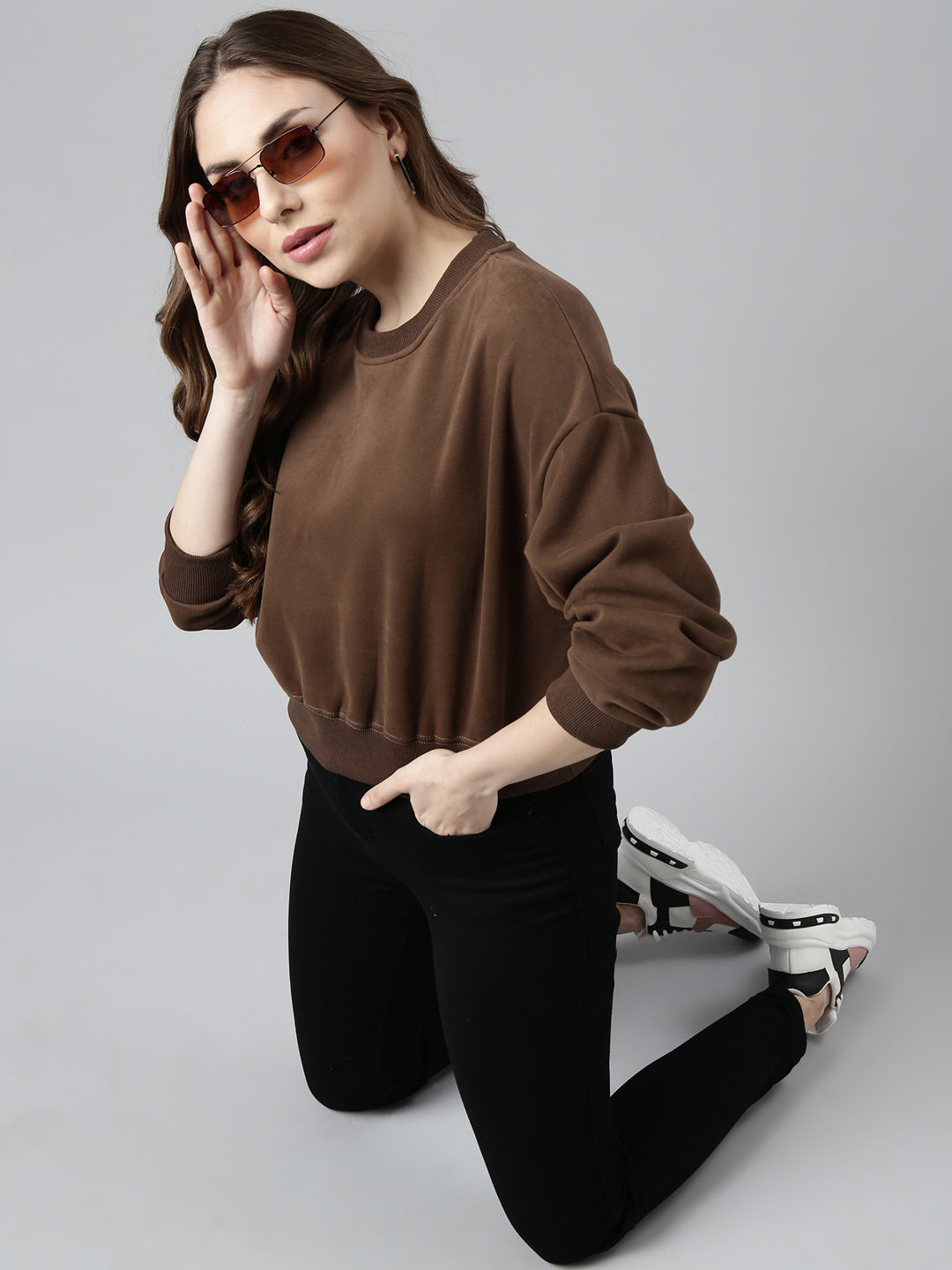 Women Brown Solid Pullover Sweatshirt