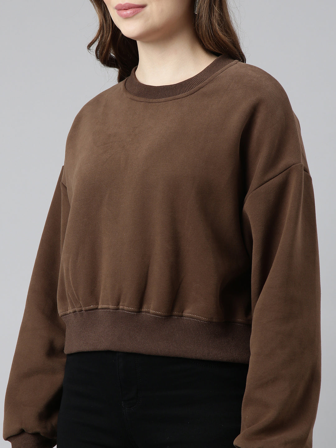 Women Brown Solid Pullover Sweatshirt