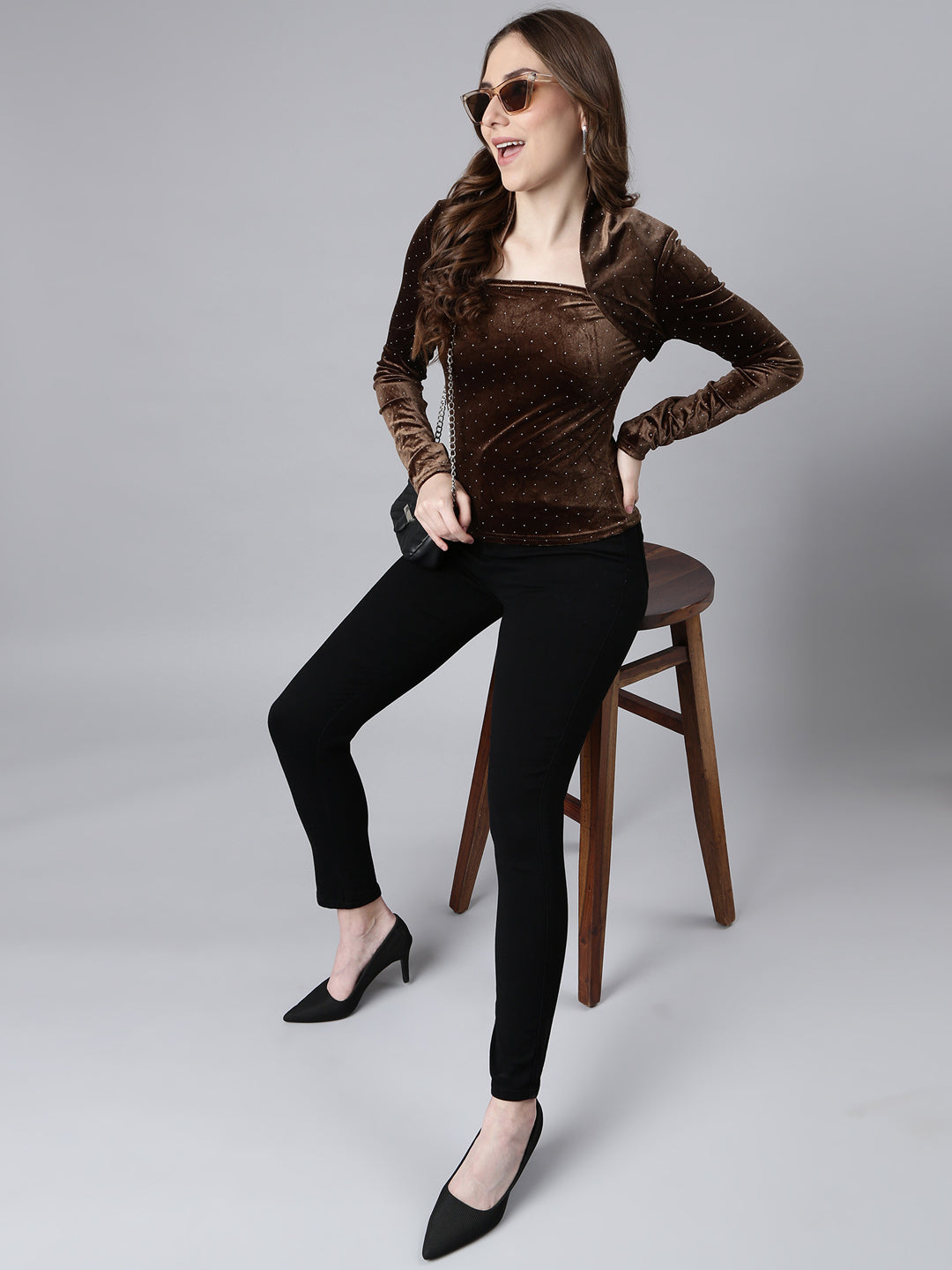 Women's Brown Solid Fitted Top