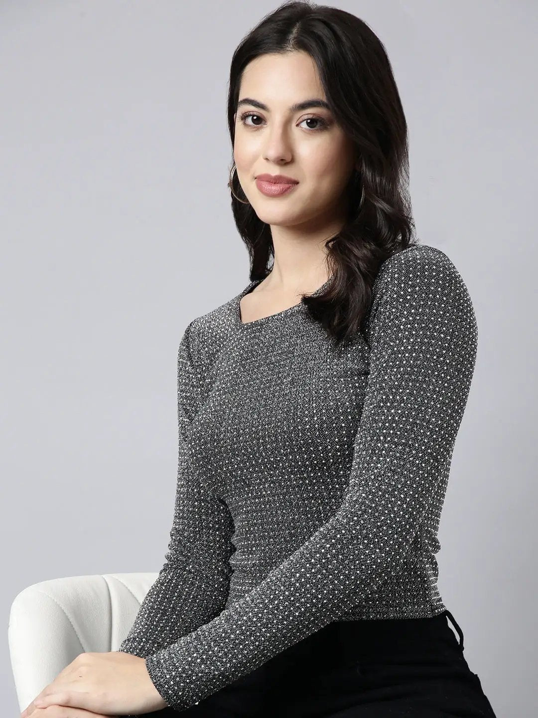 Women's Embellished Grey Fitted Top