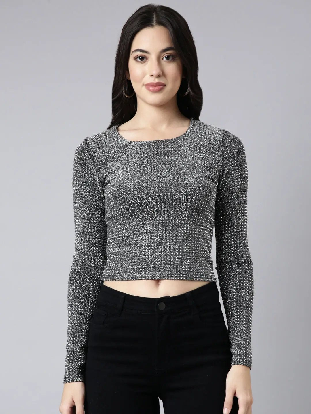 Women's Embellished Grey Fitted Top