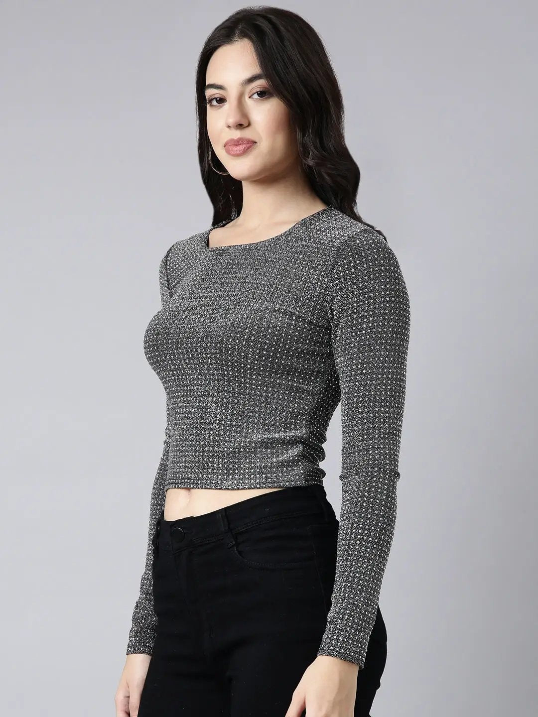 Women's Embellished Grey Fitted Top