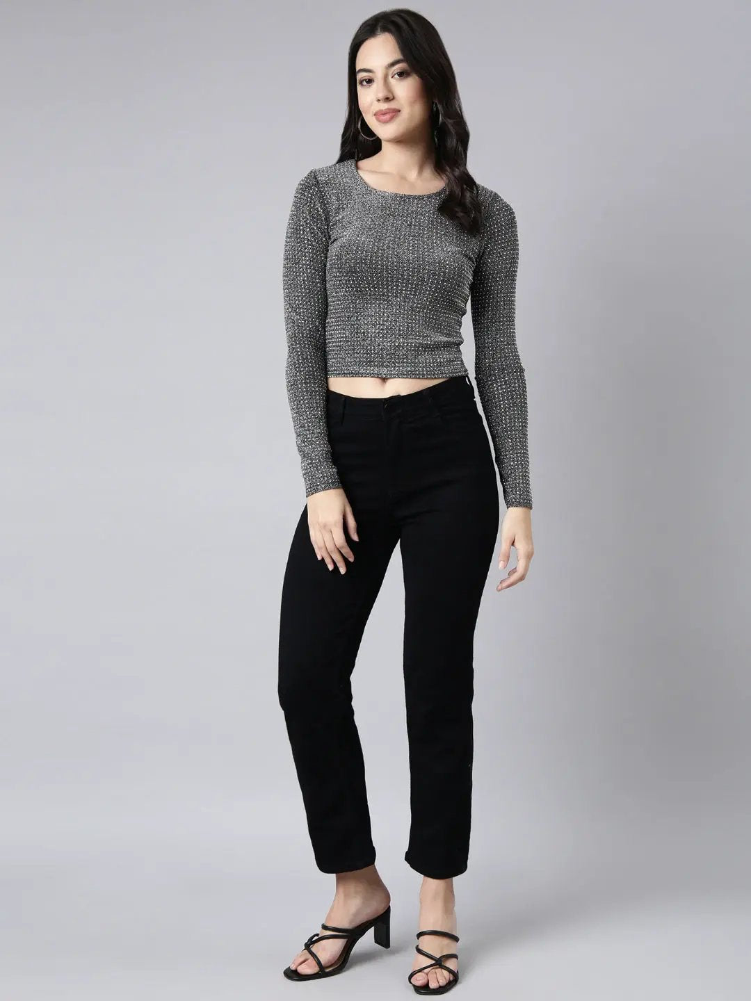 Women's Embellished Grey Fitted Top