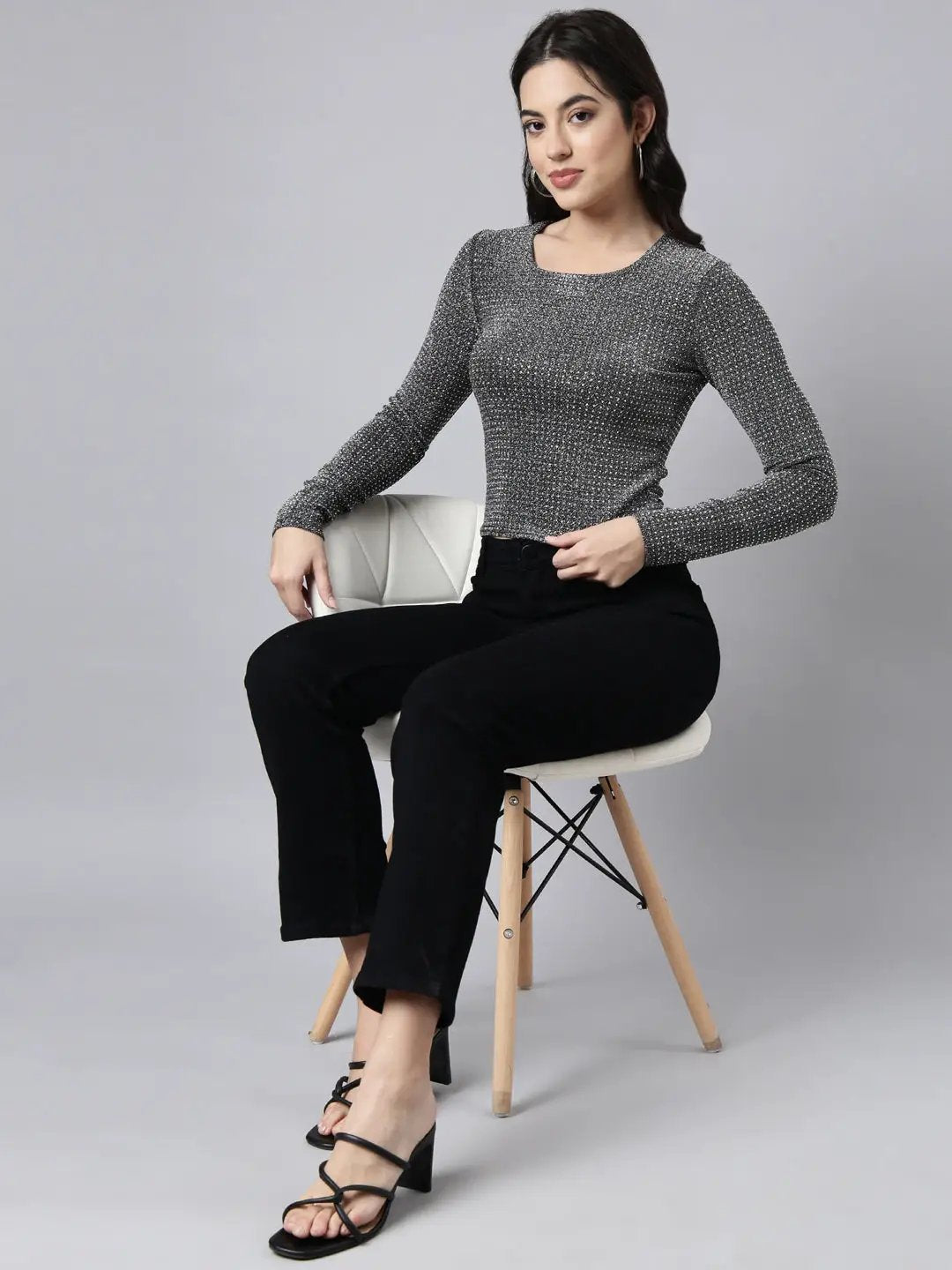 Women's Embellished Grey Fitted Top