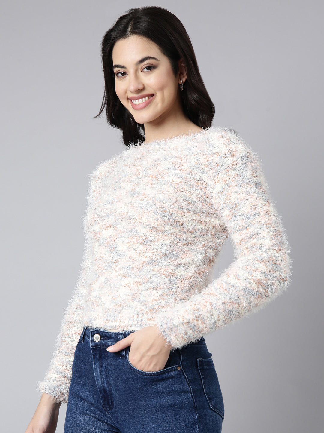 Women's Self Design Cream Top