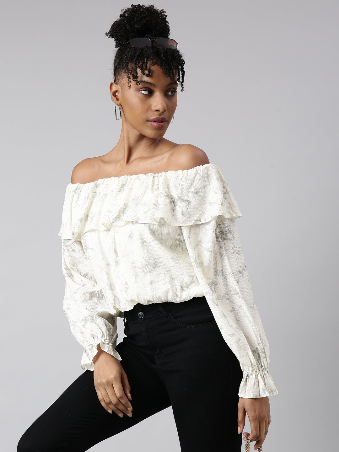 Women Cream Abstract Blouson Crop Top