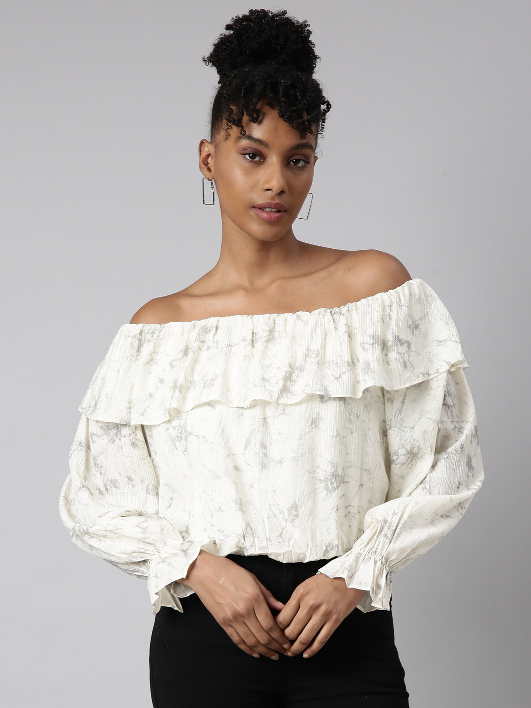 Women Cream Abstract Blouson Crop Top