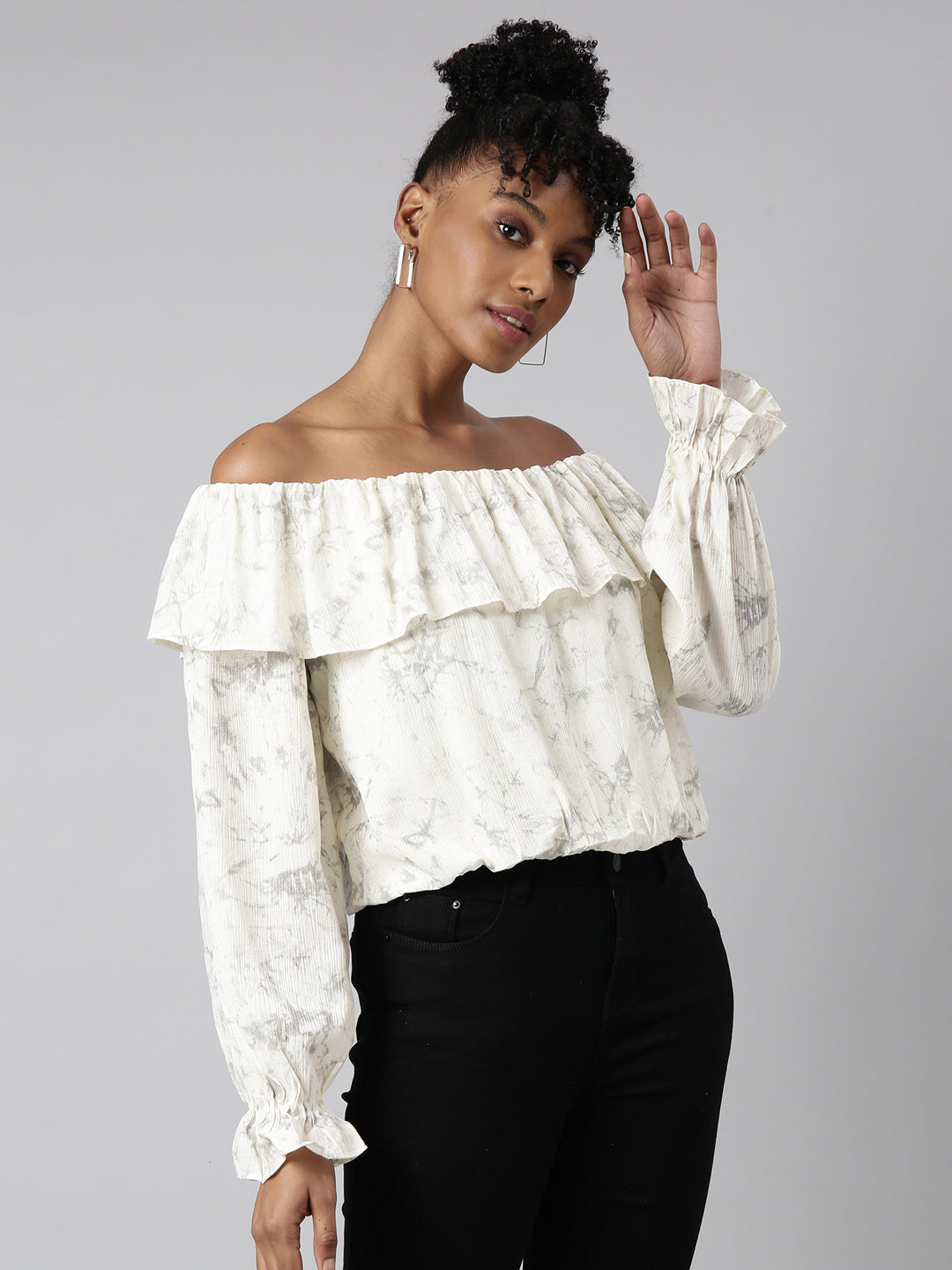 Women Cream Abstract Blouson Crop Top