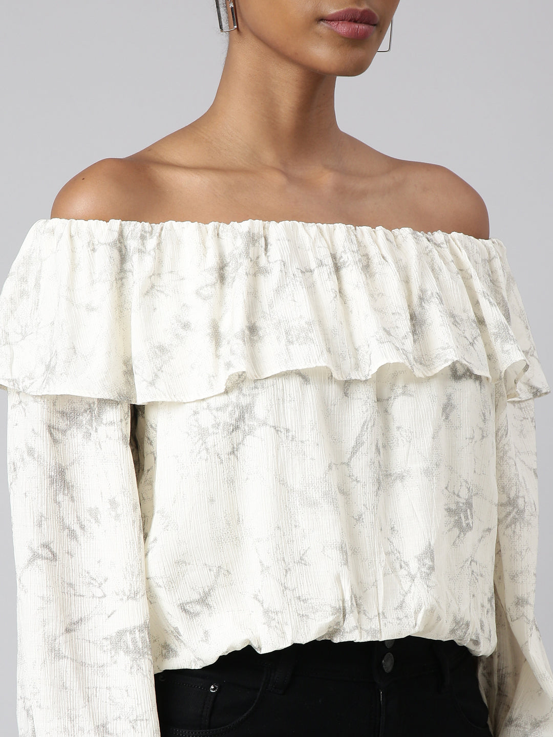 Women Cream Abstract Blouson Crop Top