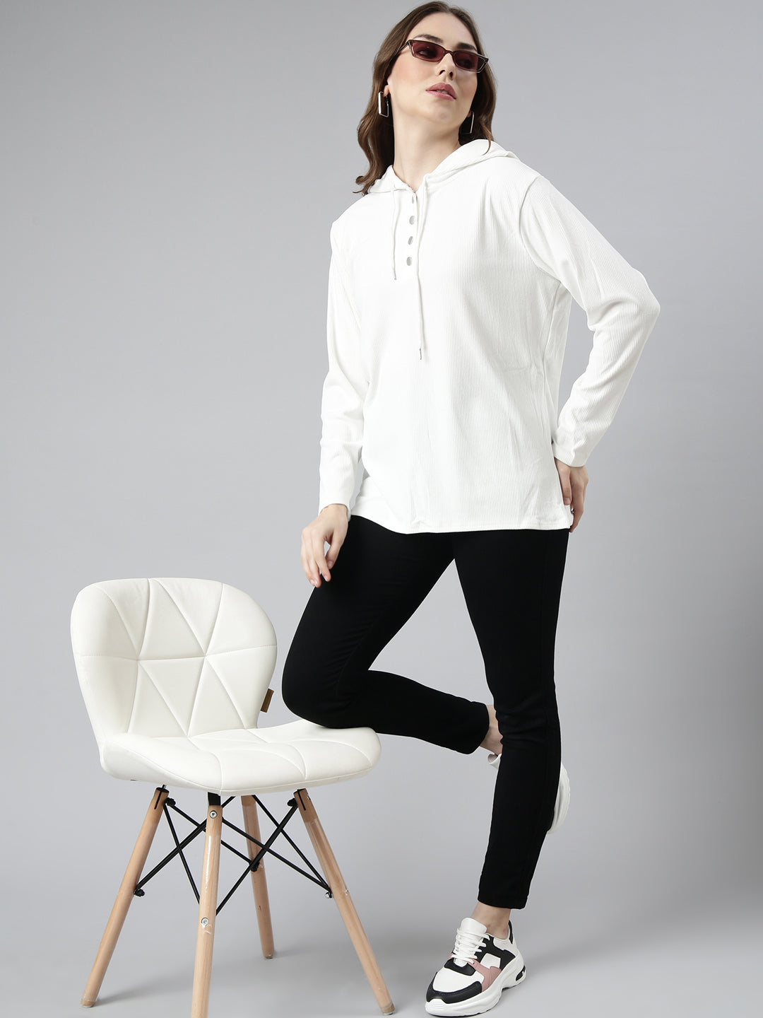 Women Off White Solid Pullover Sweatshirt